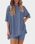 Casual tweedelige loungewearset met oversized top met splitzoom & aansluitende short