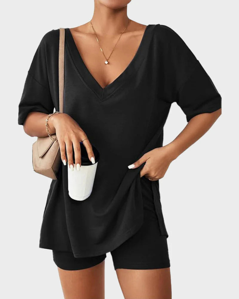 Lässiges 2-teiliges Loungewear-Set: Oversized Top mit Seitenschlitzen & eng anliegende Shorts